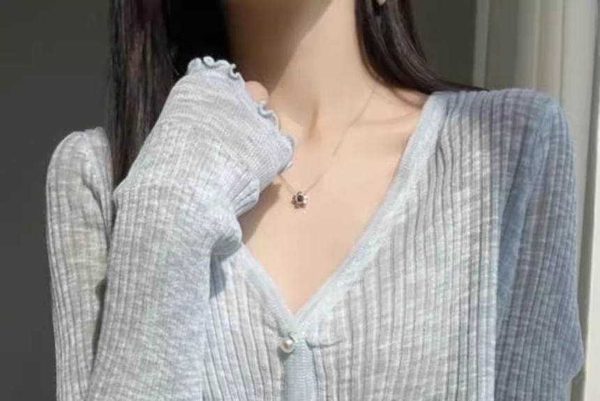 Ribbed Faux Pearl Button V-Neck Cardigan
