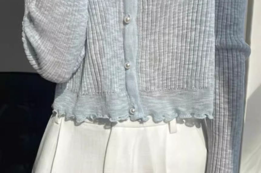 Ribbed Faux Pearl Button V-Neck Cardigan