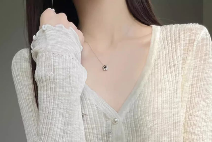 Ribbed Faux Pearl Button V-Neck Cardigan
