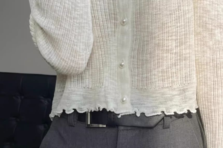 Ribbed Faux Pearl Button V-Neck Cardigan
