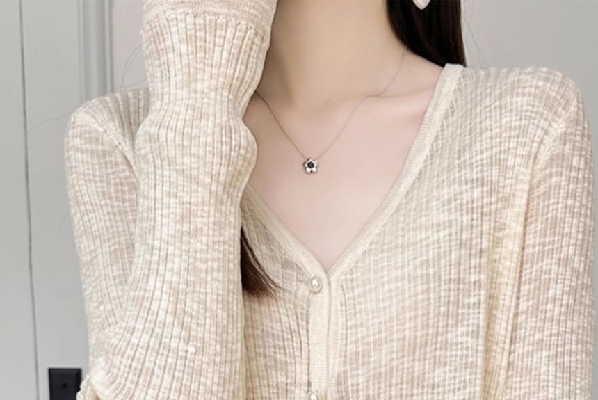 Ribbed Faux Pearl Button V-Neck Cardigan