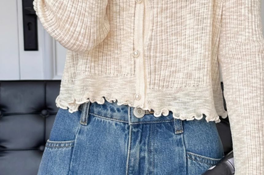 Ribbed Faux Pearl Button V-Neck Cardigan