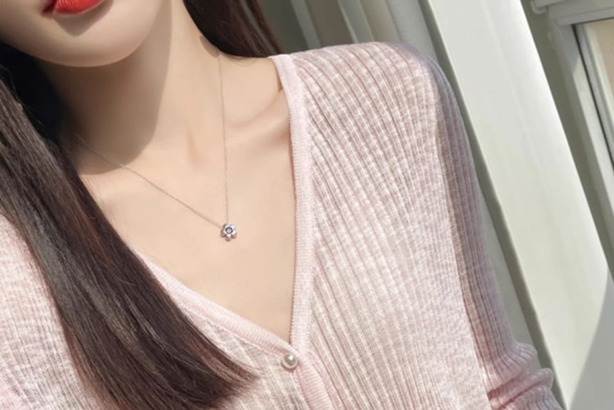 Ribbed Faux Pearl Button V-Neck Cardigan