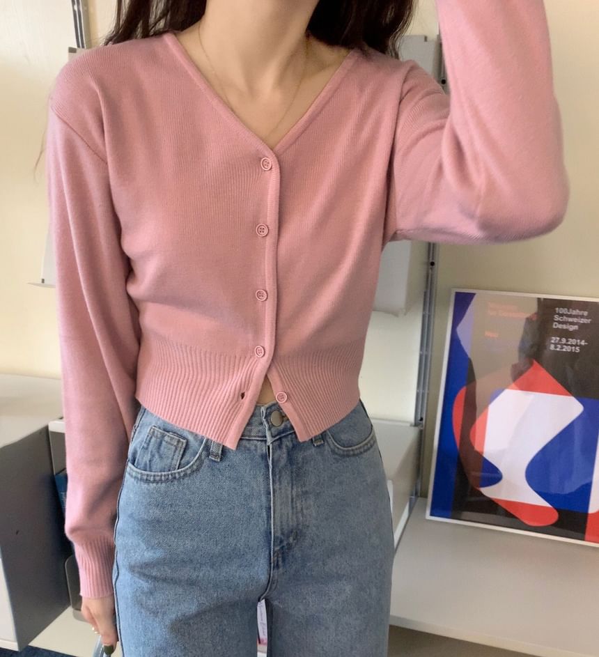 V-Neck Plain Crop Cardigan