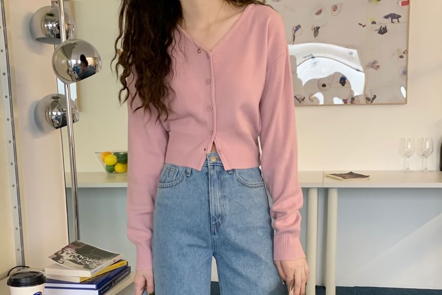 V-Neck Plain Crop Cardigan
