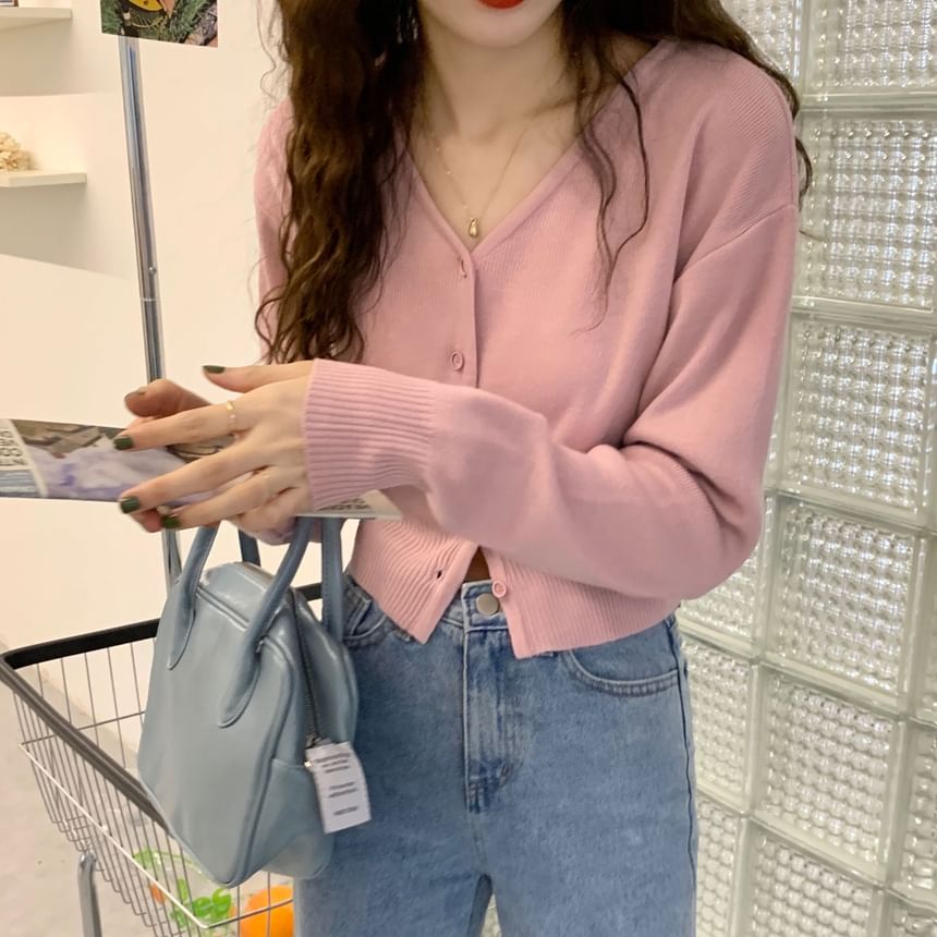 V-Neck Plain Crop Cardigan