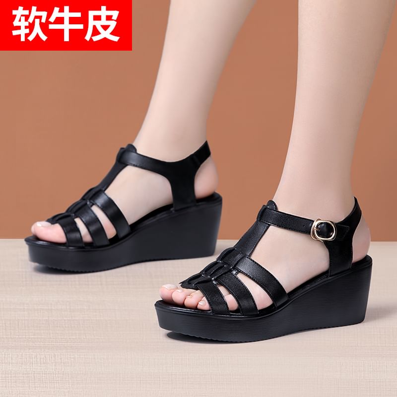Platform Wedge Plain Genuine Leather Gladiator Sandals