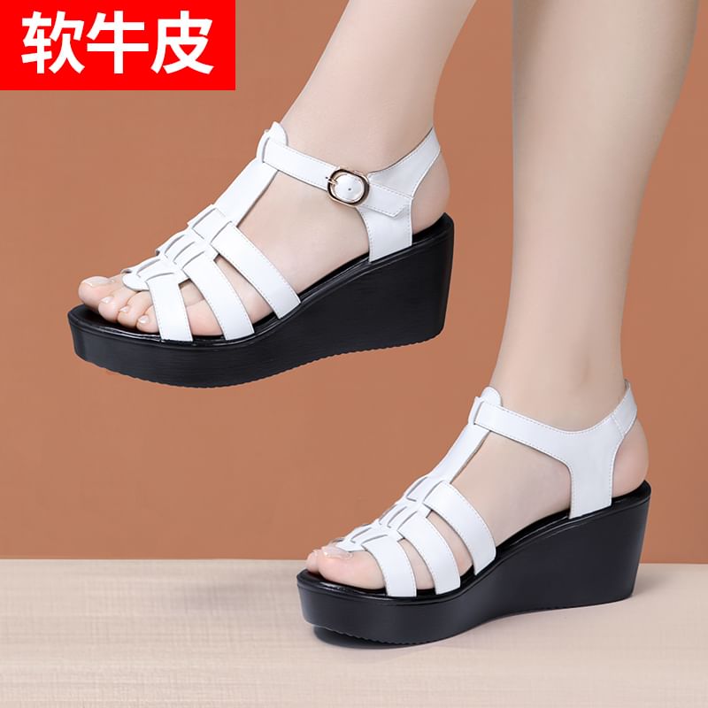Platform Wedge Plain Genuine Leather Gladiator Sandals