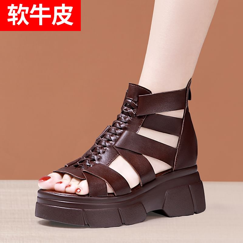 Platform Plain Woven Genuine Leather Gladiator Sandals