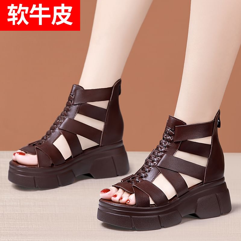 Platform Plain Woven Genuine Leather Gladiator Sandals