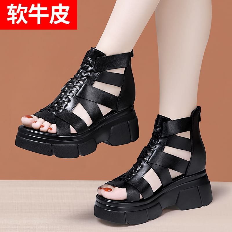 Platform Plain Woven Genuine Leather Gladiator Sandals