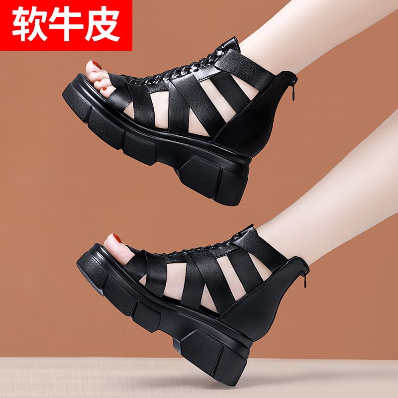 Platform Plain Woven Genuine Leather Gladiator Sandals