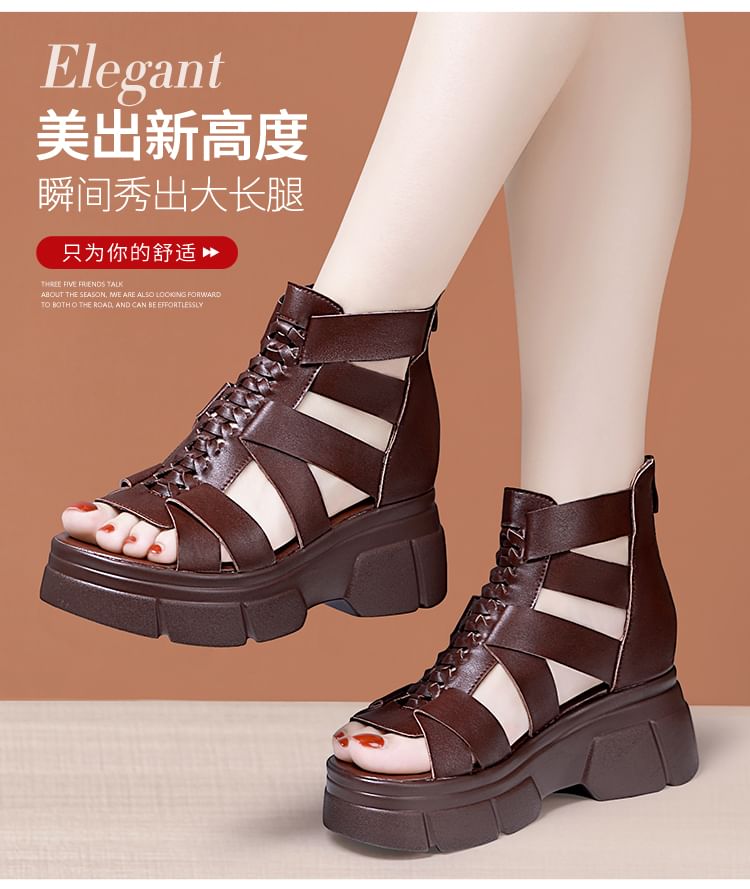 Platform Plain Woven Genuine Leather Gladiator Sandals