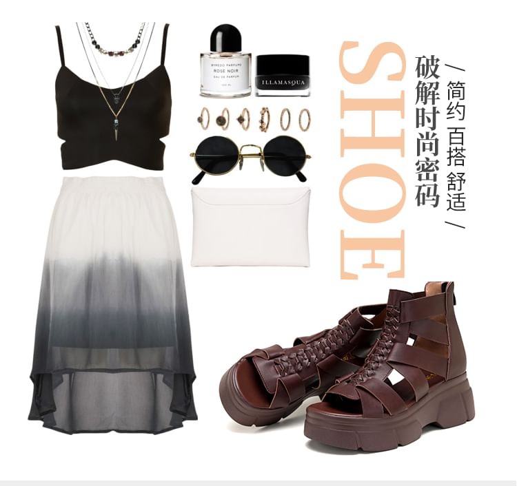 Platform Plain Woven Genuine Leather Gladiator Sandals