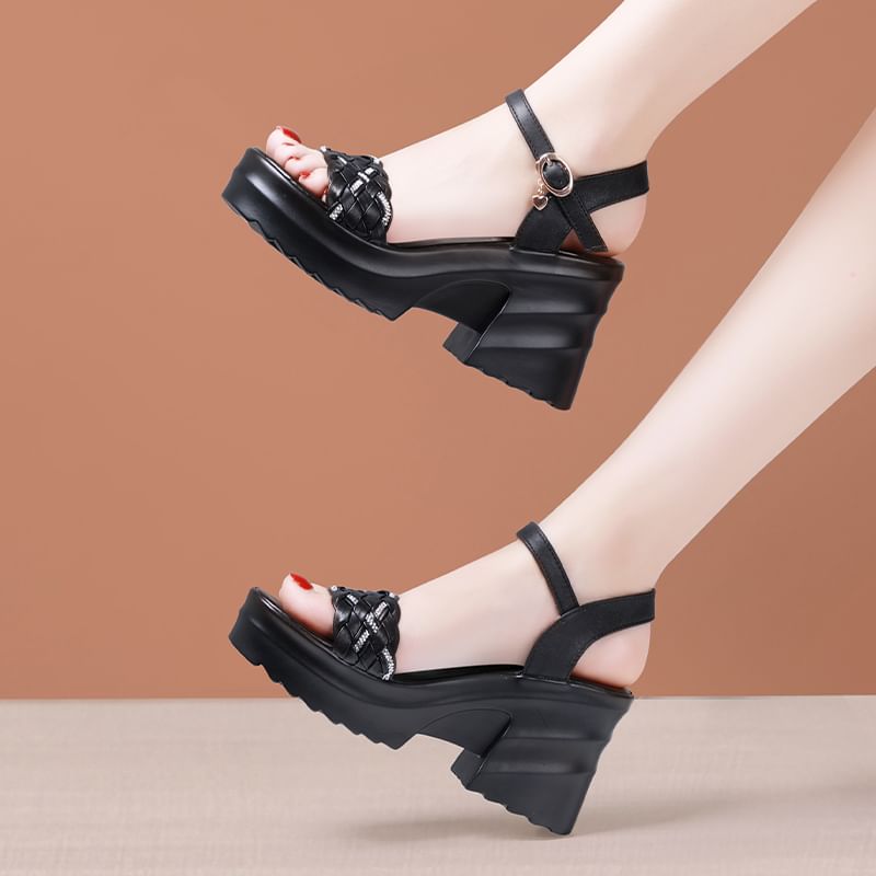 Chunky Heel Ankle Strap Rhinestone Woven Faux Leather Sandals