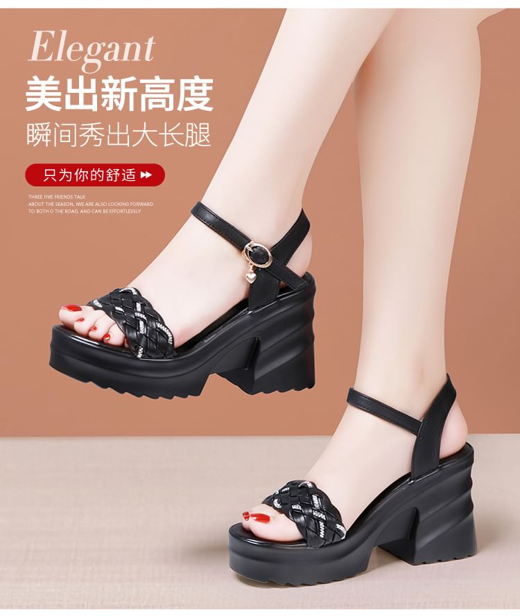Chunky Heel Ankle Strap Rhinestone Woven Faux Leather Sandals