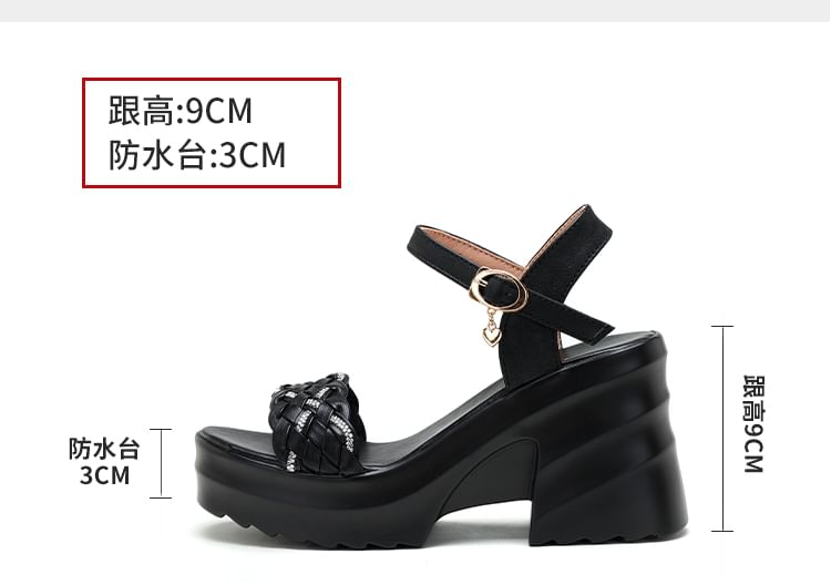 Chunky Heel Ankle Strap Rhinestone Woven Faux Leather Sandals