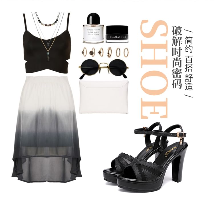 Chunky Heel Ankle Strap Mesh Panel Rhinestone Buckled Sandals