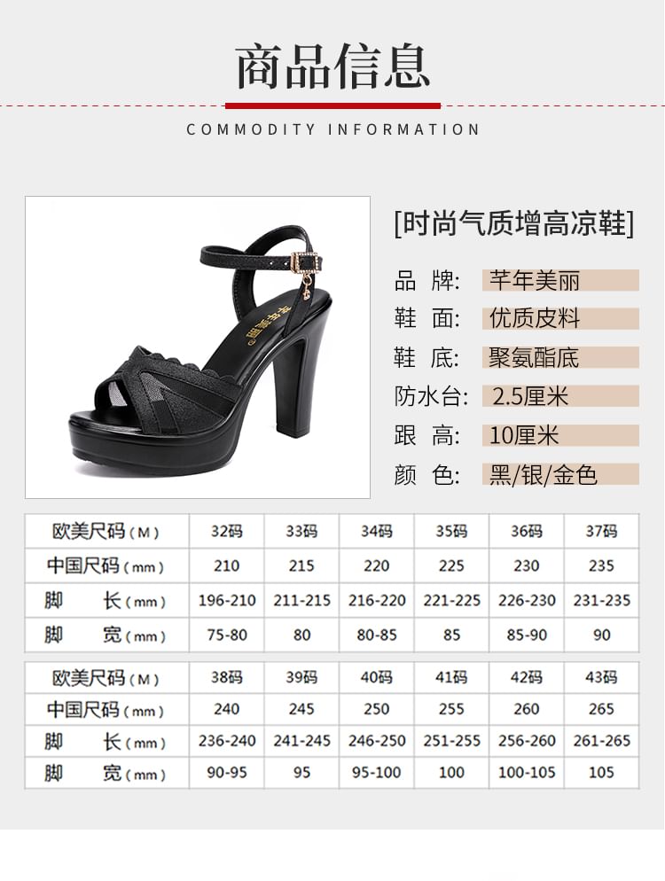 Chunky Heel Ankle Strap Mesh Panel Rhinestone Buckled Sandals