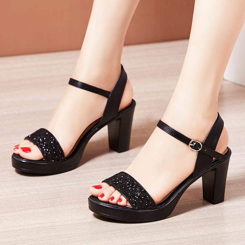 Chunky Heel Ankle Strap Sequin Sandals