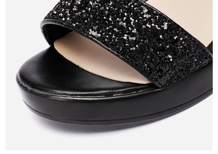 Chunky Heel Ankle Strap Sequin Sandals