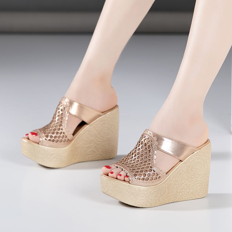 Platform Wedge Plain Perforated Faux Leather Sandals