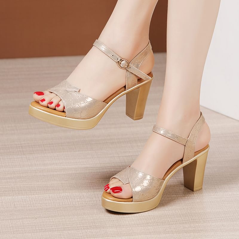 Chunky Heel Ankle Strap Shiny Faux Leather Sandals