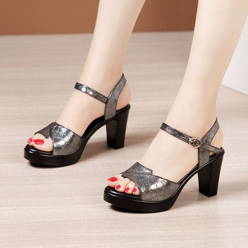 Chunky Heel Ankle Strap Shiny Faux Leather Sandals