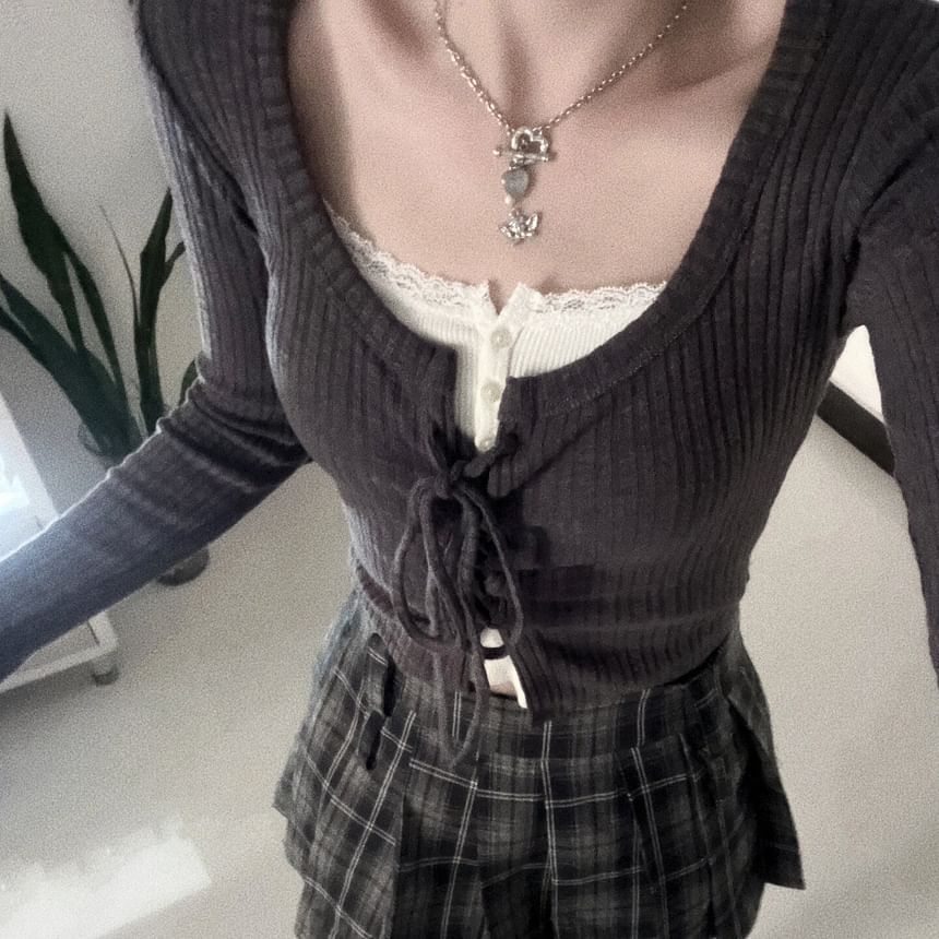 Henley Lace Trim Cami & Tie Front Cardigan & Plaid Skirt Set