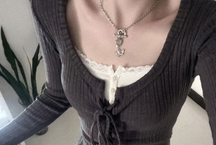 Henley Lace Trim Cami & Tie Front Cardigan & Plaid Skirt Set
