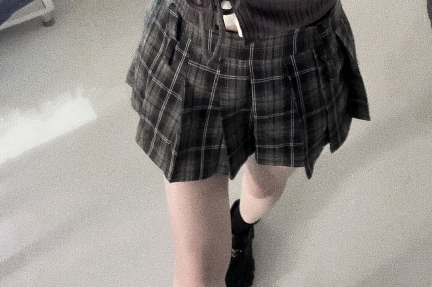 Henley Lace Trim Cami & Tie Front Cardigan & Plaid Skirt Set