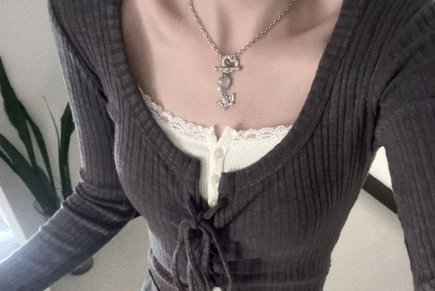 Henley Lace Trim Cami & Tie Front Cardigan & Plaid Skirt Set