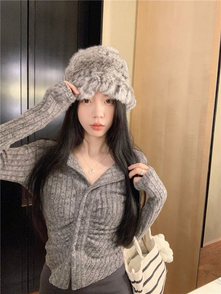 Long Sleeve Collar V-Neck Ribbed Slim Fit Knit