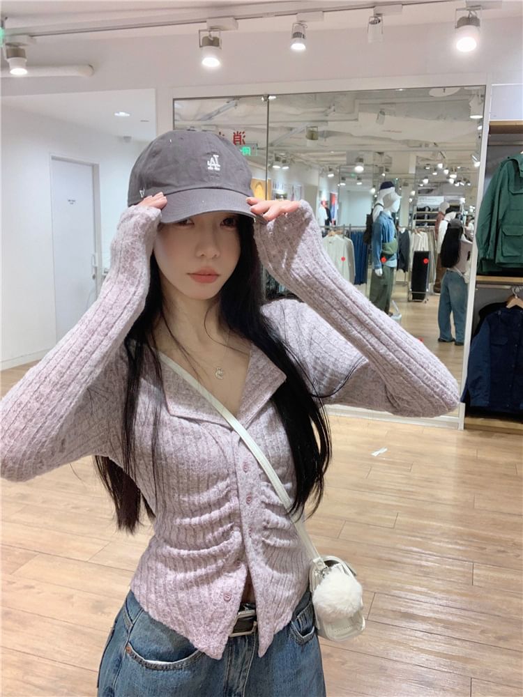 Long Sleeve Collar V-Neck Ribbed Slim Fit Knit