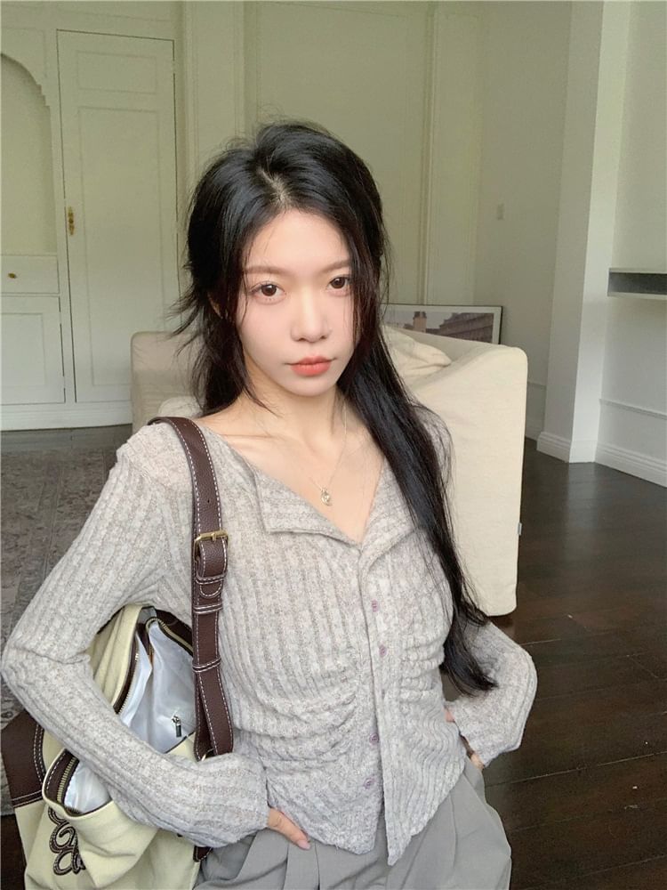 Long Sleeve Collar V-Neck Ribbed Slim Fit Knit