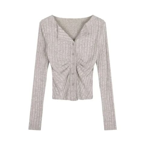 Long Sleeve Collar V-Neck Ribbed Slim Fit Knit