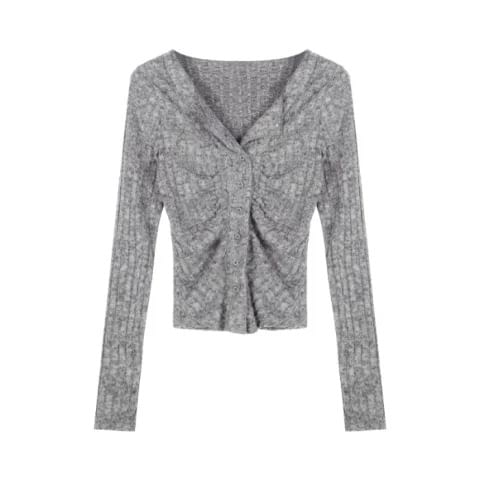 Long Sleeve Collar V-Neck Ribbed Slim Fit Knit