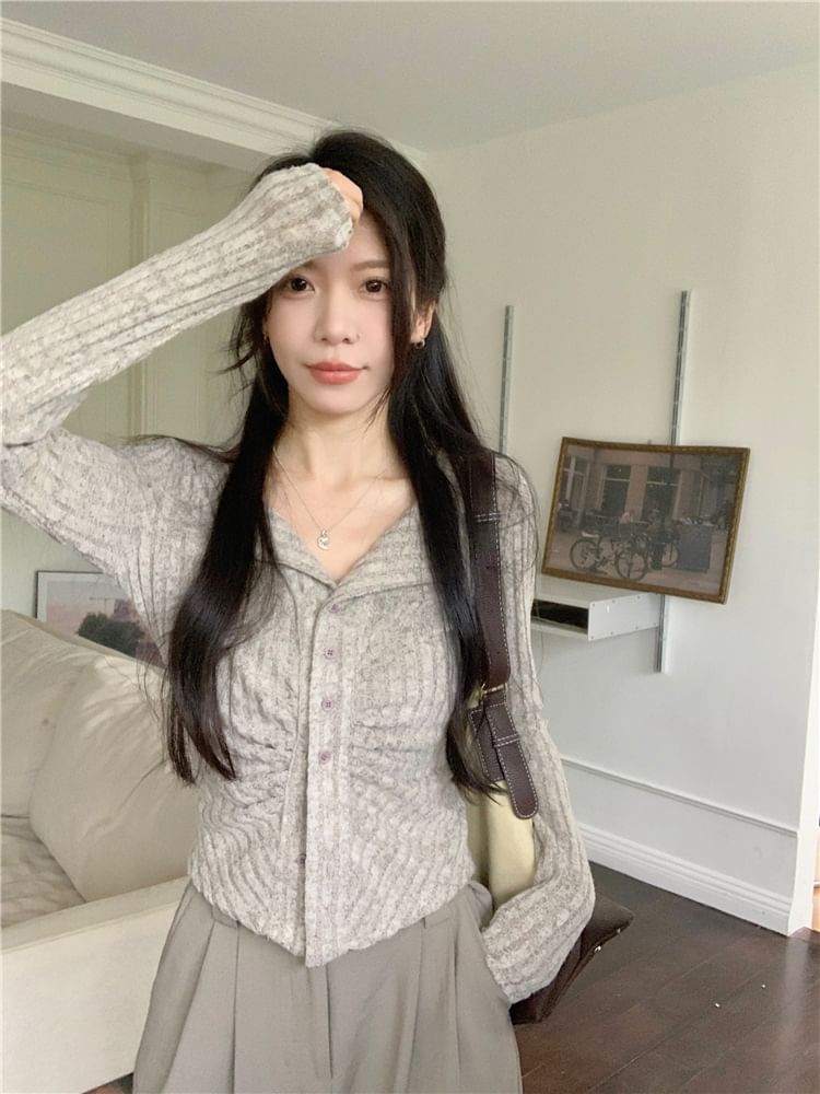 Long Sleeve Collar V-Neck Ribbed Slim Fit Knit
