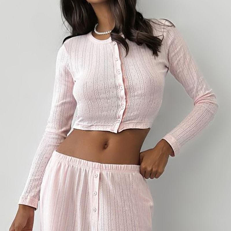 Long Sleeve Pointelle Slim Fit Crop Knit
