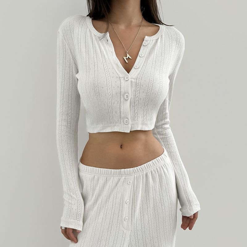 Long Sleeve Pointelle Slim Fit Crop Knit