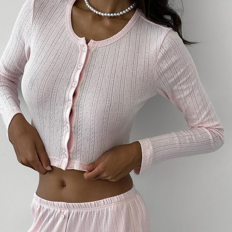 Long Sleeve Pointelle Slim Fit Crop Knit