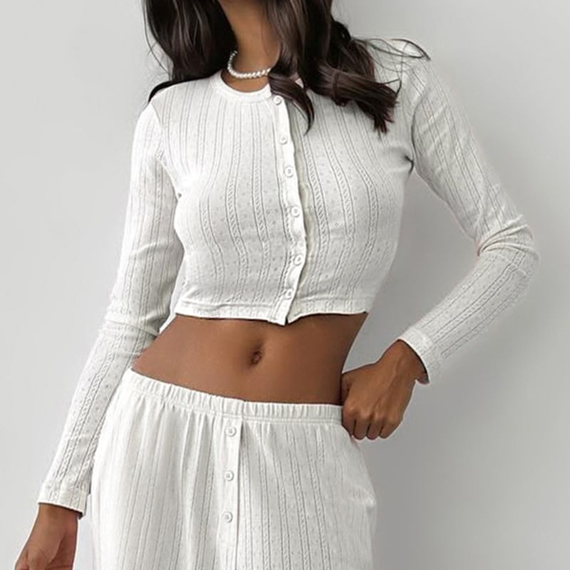 Long Sleeve Pointelle Slim Fit Crop Knit