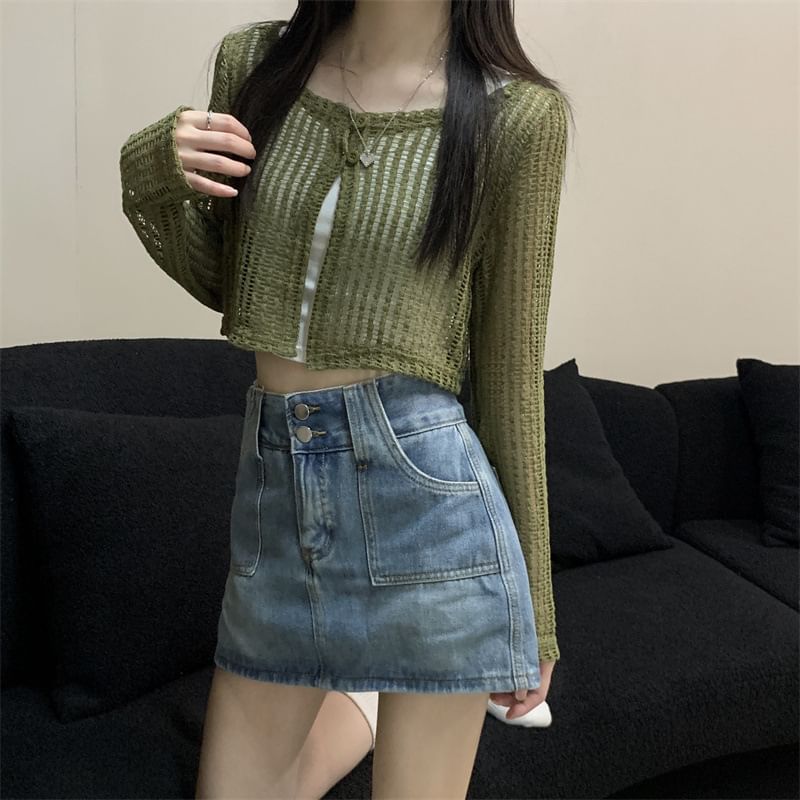 Perforated Cropped Knit Cardigan
