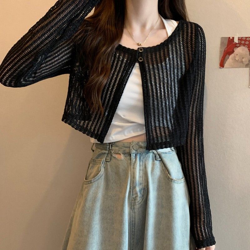 Perforated Cropped Knit Cardigan