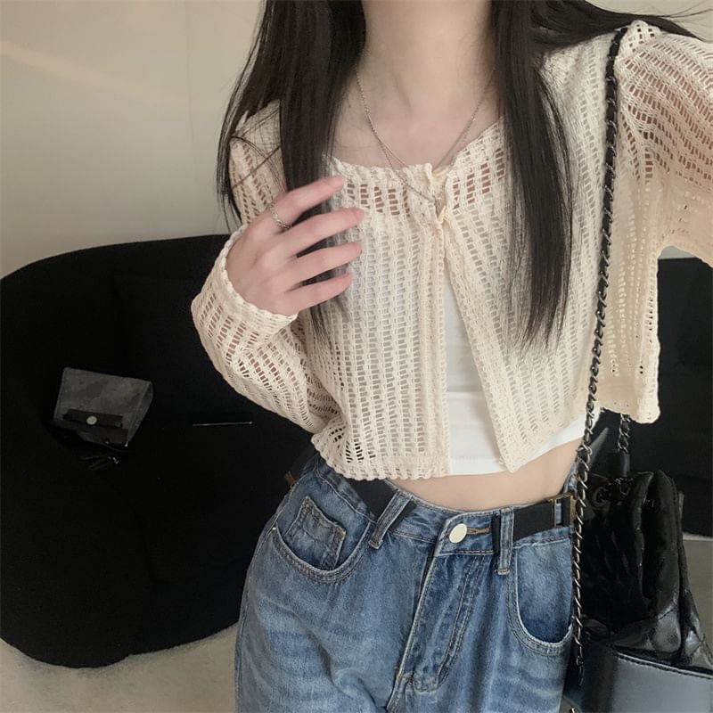 Perforated Cropped Knit Cardigan