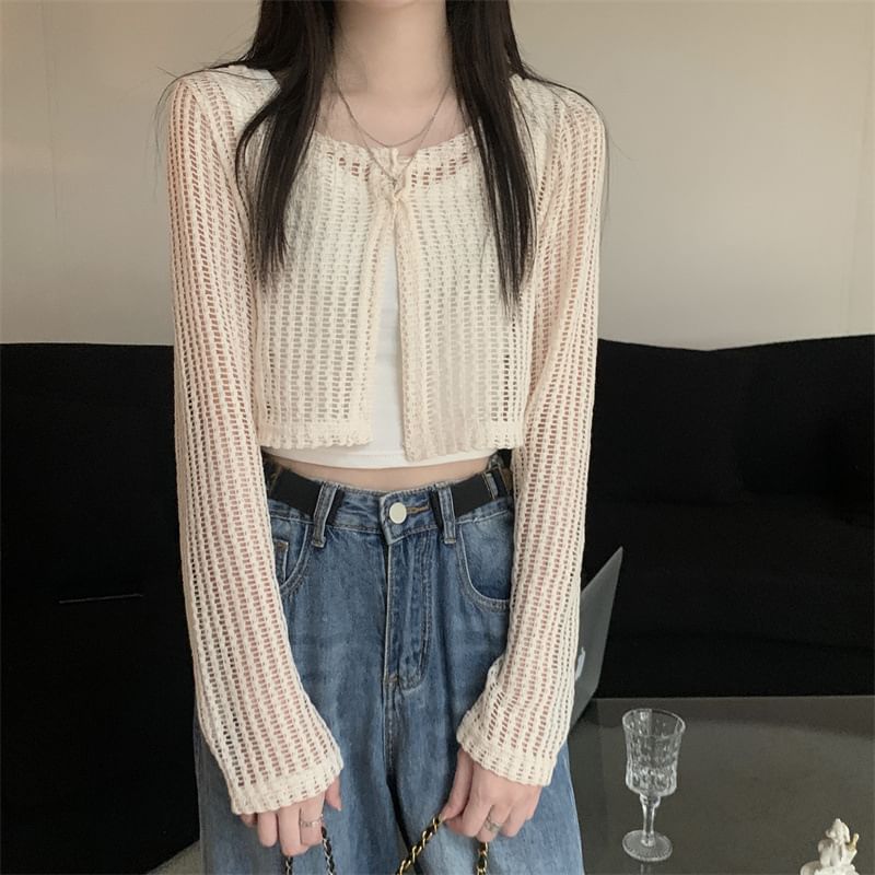 Perforated Cropped Knit Cardigan