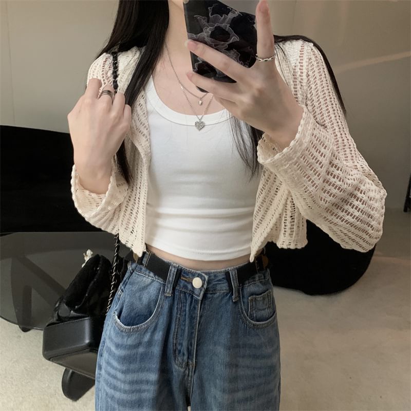 Perforated Cropped Knit Cardigan