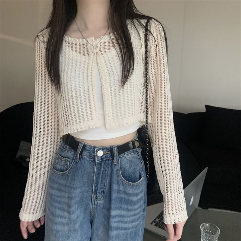 Perforated Cropped Knit Cardigan