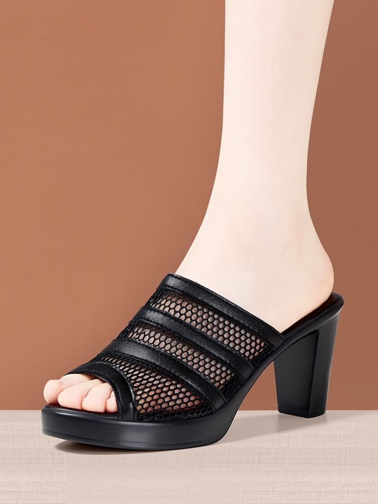 Mesh Chunky Heel Slide Sandals (Various Designs)