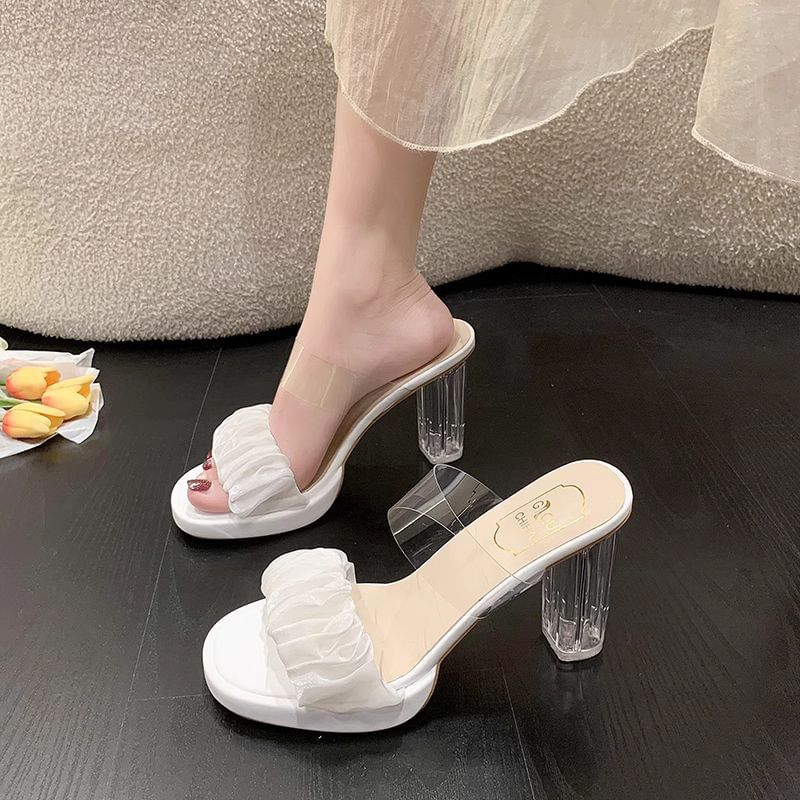 Transparent Chunky Heel Ruffle Slide Sandals
